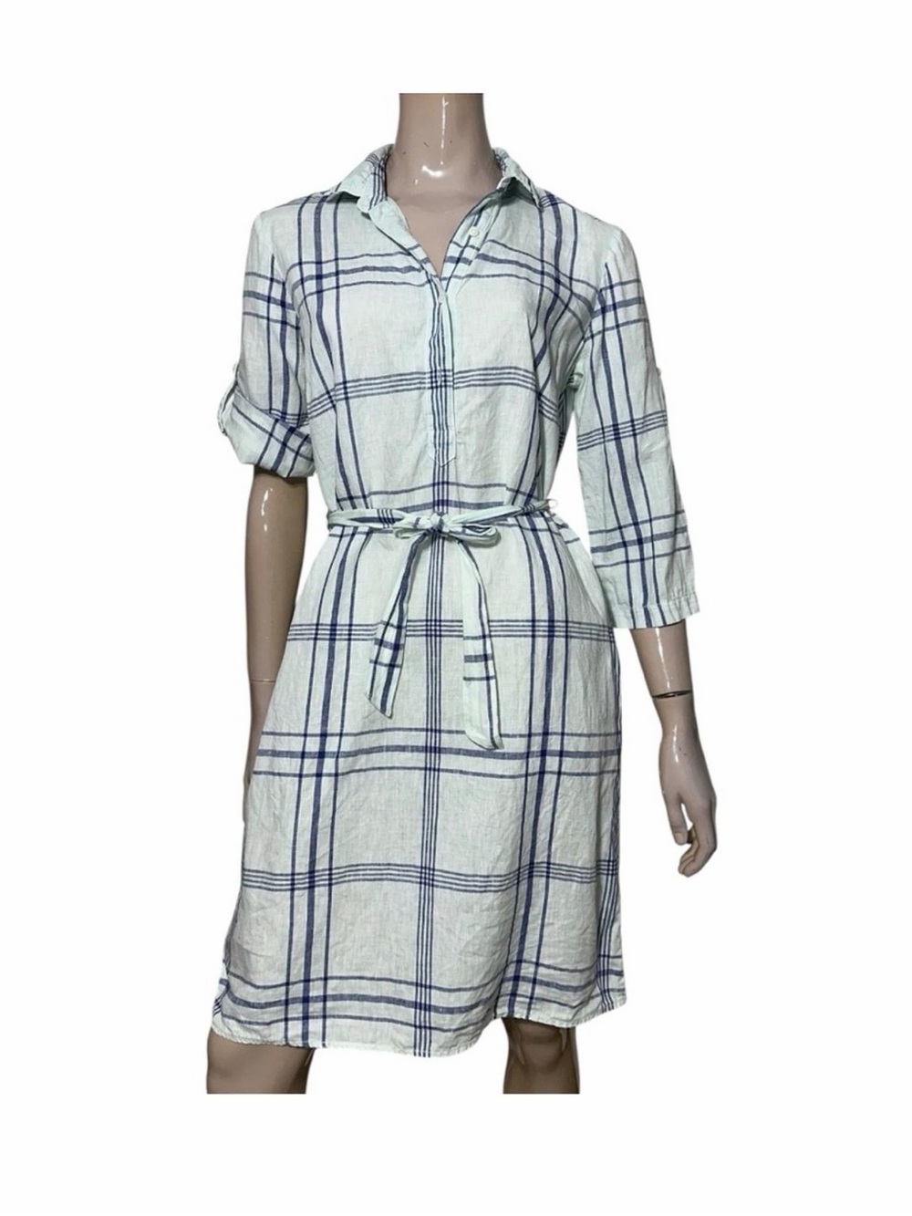 J. McLaughlin Cream and Navy Plaid Shirt Dress